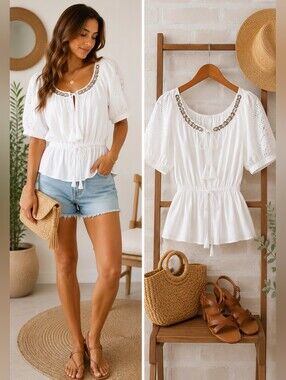 NWOT White Boho Off Shoulder Peasant Blouse L Rayon Cotton Embroidered Sequin